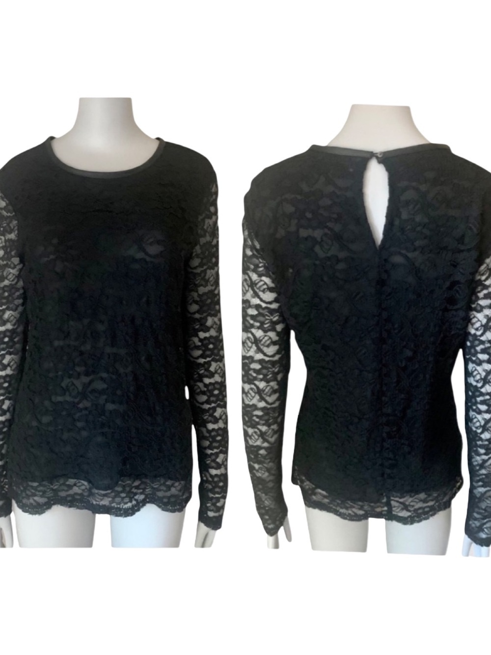 BROCHU WALKER Silk Lace Blouse Sheer Long Sleeves Black Style# HY13965